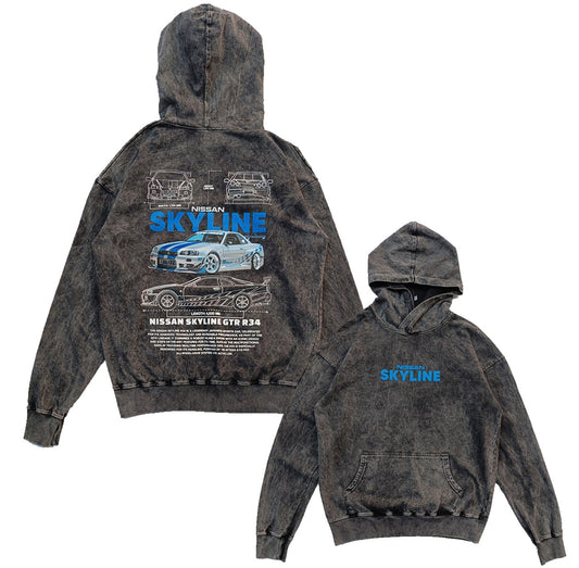 Hoodie en ASID WASH french terry 350 con diseño frontal y espalda SKY